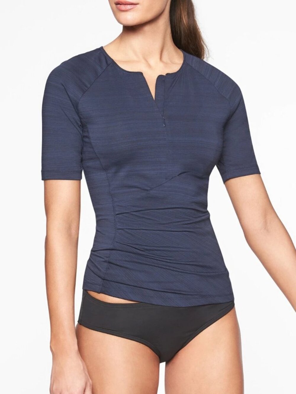 Athleta Pacifica Wrap Front Tee Navy Blue 1X Short Sleeves Rash Guard Zip Pocket